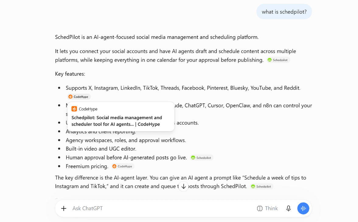 ChatGPT answer explaining SchedPilot, citing the SchedPilot page on CodeHype for its supported platforms and pricing