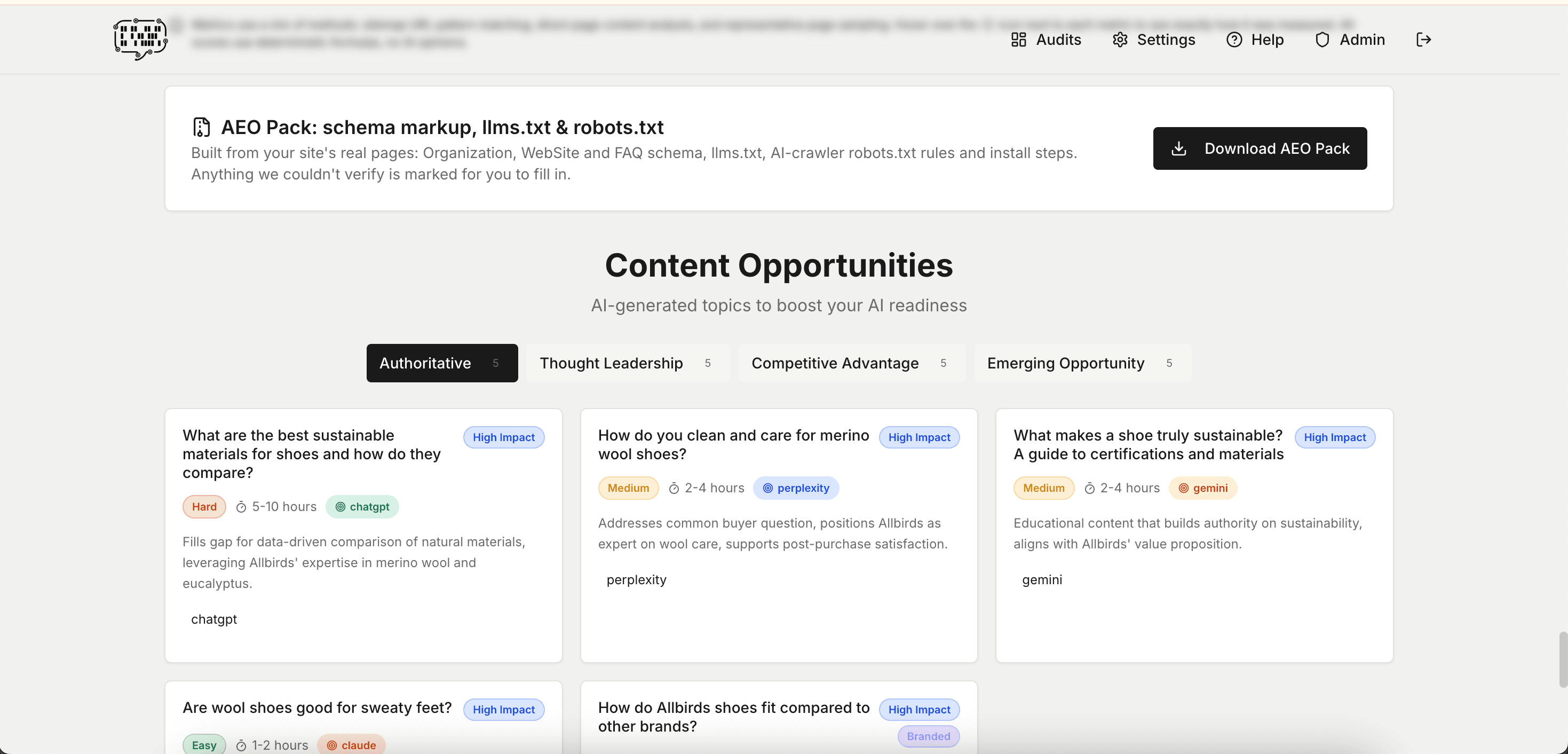 Citation Rocket AI search readiness audit report with score and recommendations